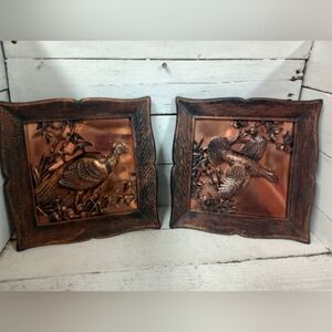 Set of 2 Vintage Coppercraft Guild 3D Wall Art Turkey & Pheasant 9 X 9" Cabin